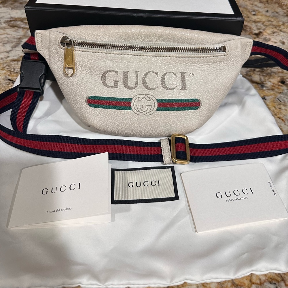 Gucci Cream Leather Logo Belt Bag – Authentic, Full Set